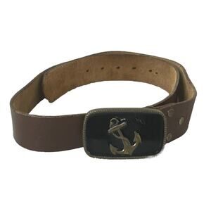 VTG 70s Brass/Enamel Brown Leather Belt w/Metal Anchor Buckle 34” Nautical
